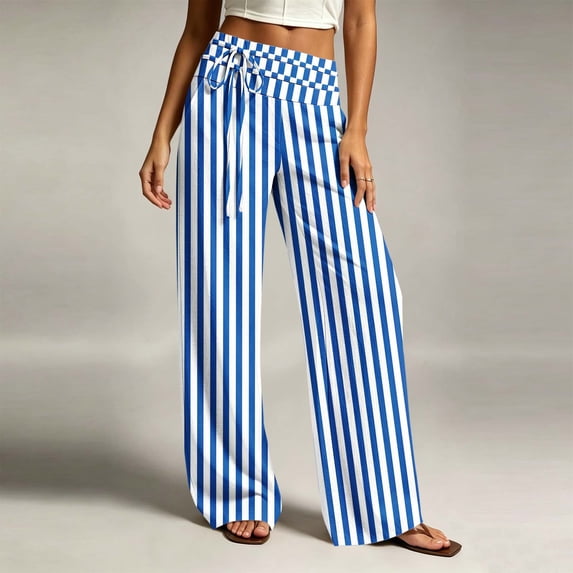 Costeam Womens Striped Wide Leg Pants Drawstring High Elastic Waist with Side Pockets Loose Fit Straight Leg Lightweight Soft Breathable Casual Long Trousers Comfy Relaxed Fit Bottoms