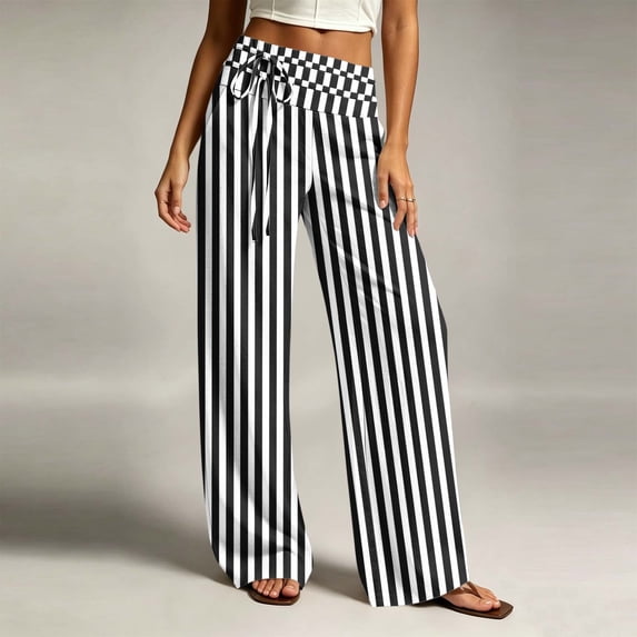 Costeam Womens Striped Wide Leg Pants Drawstring High Elastic Waist with Side Pockets Loose Fit Straight Leg Lightweight Soft Breathable Casual Long Trousers Comfy Relaxed Fit Bottoms