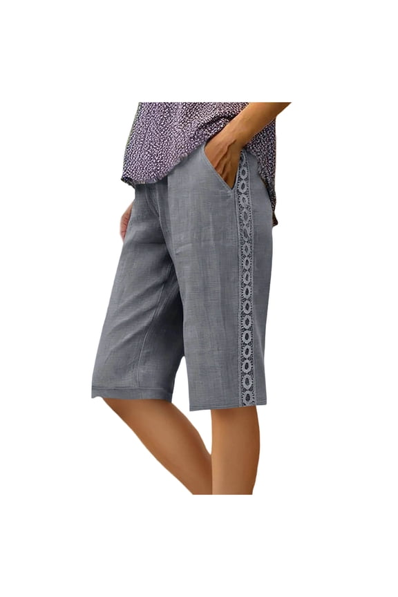 Womens Summer Linen Solid Color Five Inch Shorts Loose Straight Leg Style Side Lace Trim Side Pockets Drawstring Elastic Waist Breathable Linen Blend Fabric