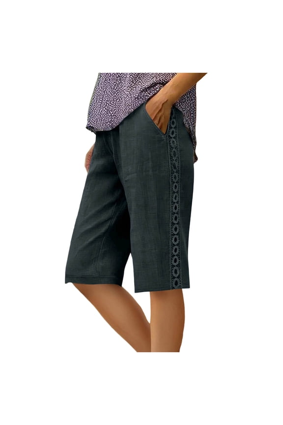 Womens Summer Linen Solid Color Five Inch Shorts Loose Straight Leg Style Side Lace Trim Side Pockets Drawstring Elastic Waist Breathable Linen Blend Fabric