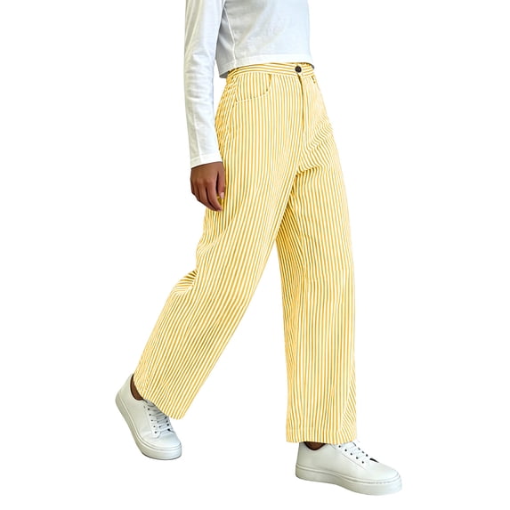 Costeam Womens Summer Vertical Stripe Curved Barrel Leg Pants Dual Side Slant Pockets Button Zip Fly Elastic Back Waist Relaxed Fit Casual Long Trousers
