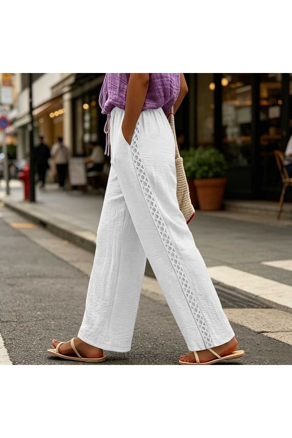 Womens Textured Crinkle Wide Leg Pants Vertical Lace Hollow Out Trim Dual Side Pockets Drawstring Elastic High Waist Solid Color Loose Casual Summer Beach Vacation Trousers