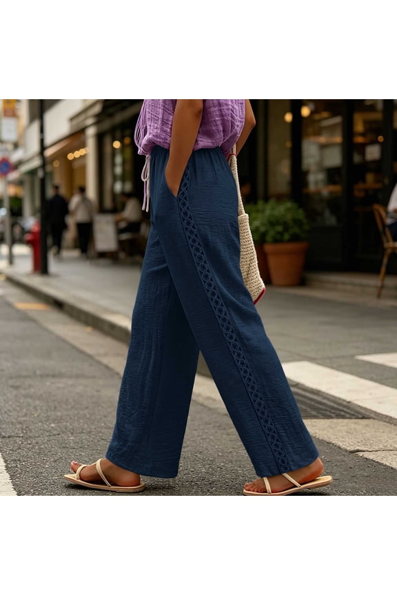 Womens Textured Crinkle Wide Leg Pants Vertical Lace Hollow Out Trim Dual Side Pockets Drawstring Elastic High Waist Solid Color Loose Casual Summer Beach Vacation Trousers