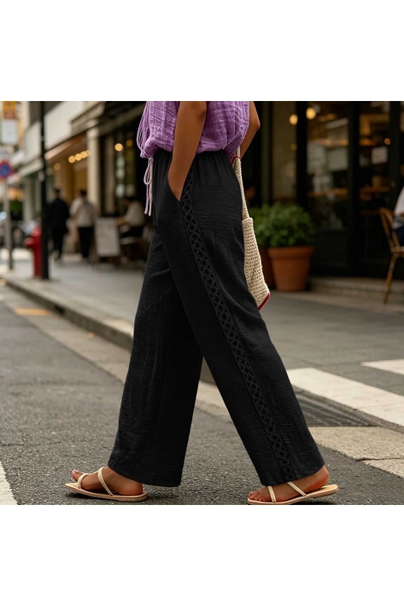 Womens Textured Crinkle Wide Leg Pants Vertical Lace Hollow Out Trim Dual Side Pockets Drawstring Elastic High Waist Solid Color Loose Casual Summer Beach Vacation Trousers