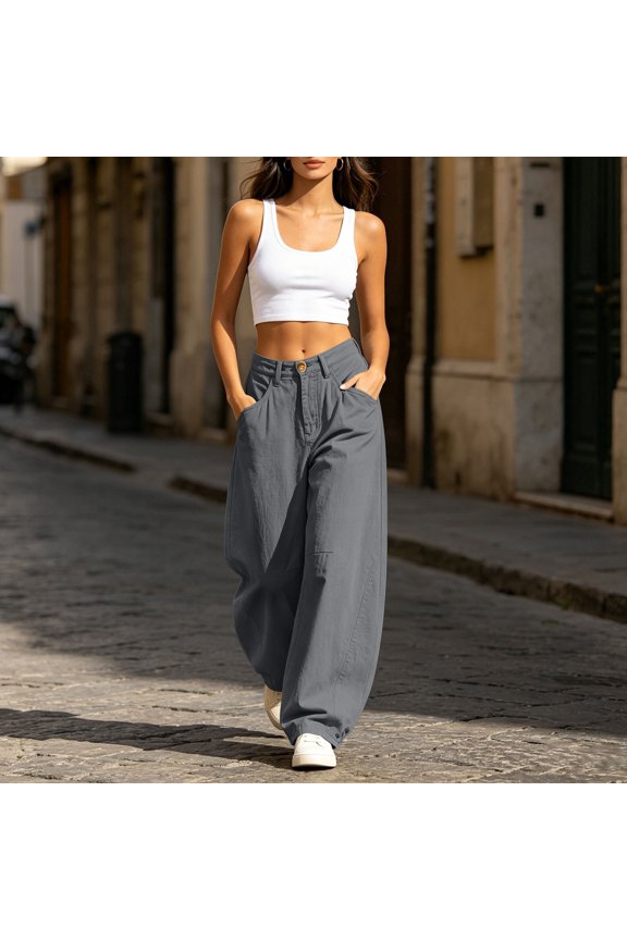 Womens Textured Crinkle Woven Straight Leg Full Length Pants Dual Side Patch Hand Pockets Drawstring Elastic High Waist Loose Relaxed Breathable Summer Casual Long Trousers