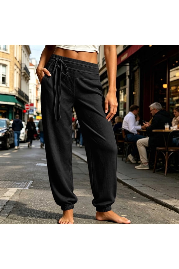 Womens Textured Jogger Pants Double Layer Waist Drawstring Dual Side Hand Pockets Elastic Cuff Ankle Solid Color Loose Casual Travel Athletic Trousers