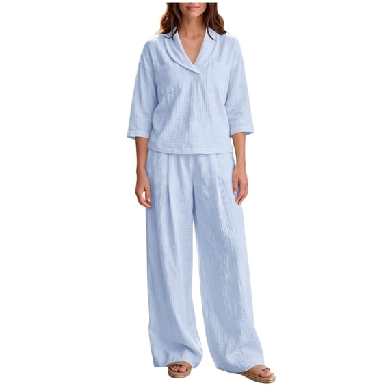Costeam Womens Textured Woven Two Piece Outfit Lapel Collar 3 Quarter Sleeve Pocket Top And Elastic Waist Wide Leg Pants Loose Fit Solid Color Casual Co Ord Set
