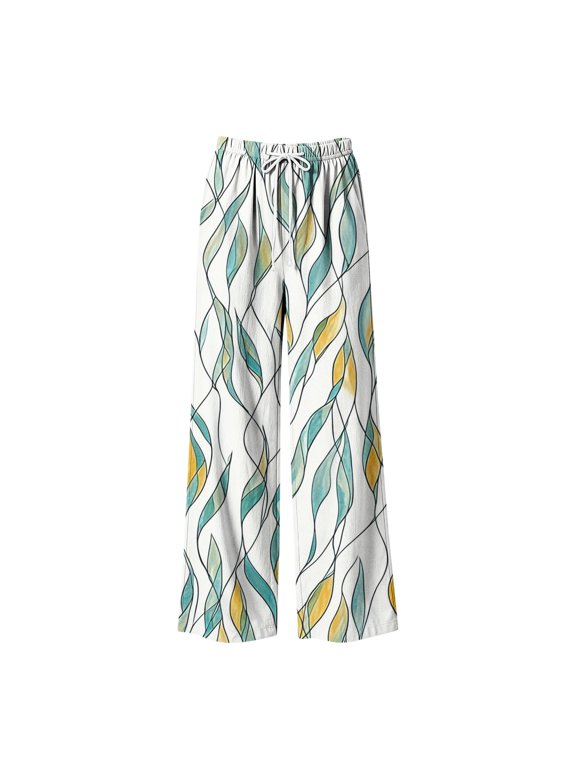 Womens Tropical Leaf Print Wide Leg Pants Dual Side Deep Hand Pockets Adjustable Drawstring Elastic High Waist Loose Flow Lightweight Summer Casual Long Trousers