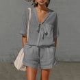thumbnail image 1 of Costeam Womens Two Piece Outfit Tie Knot V Neck Short Sleeve Top and Elastic Drawstring Waist Shorts Set Linen Blend Matching Set with Pockets, 1 of 9