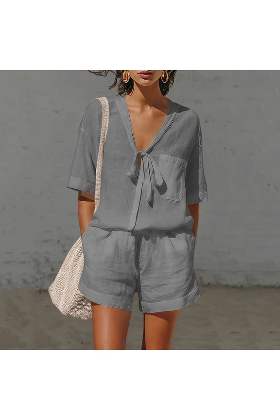 Womens Two Piece Outfit Tie Knot V Neck Short Sleeve Top and Elastic Drawstring Waist Shorts Set Linen Blend Matching Set with Pockets
