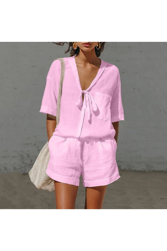Womens Two Piece Outfit Tie Knot V Neck Short Sleeve Top and Elastic Drawstring Waist Shorts Set Linen Blend Matching Set with Pockets