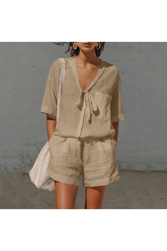Womens Two Piece Outfit Tie Knot V Neck Short Sleeve Top and Elastic Drawstring Waist Shorts Set Linen Blend Matching Set with Pockets