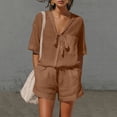 thumbnail image 1 of Costeam Womens Two Piece Outfit Tie Knot V Neck Short Sleeve Top and Elastic Drawstring Waist Shorts Set Linen Blend Matching Set with Pockets, 1 of 9