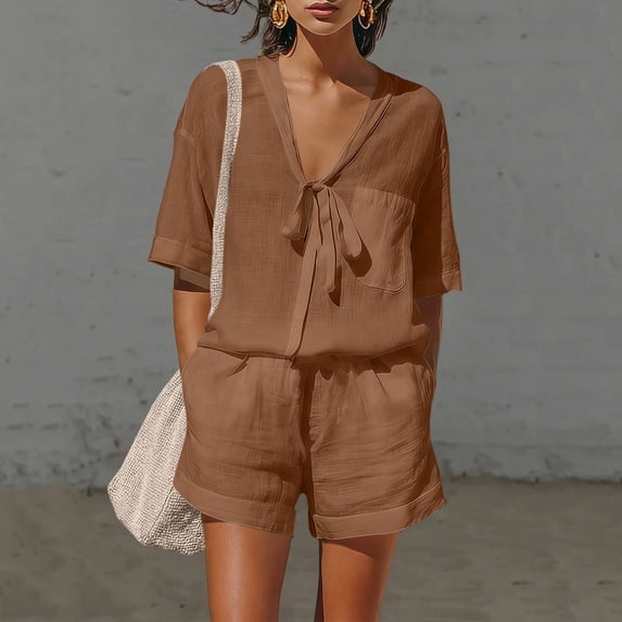 Costeam Womens Two Piece Outfit Tie Knot V Neck Short Sleeve Top and Elastic Drawstring Waist Shorts Set Linen Blend Matching Set with Pockets