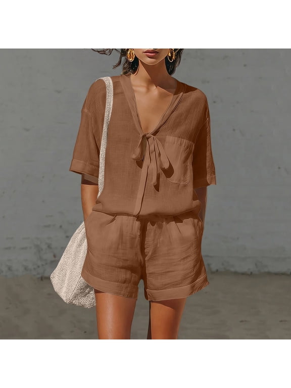 Womens Two Piece Outfit Tie Knot V Neck Short Sleeve Top and Elastic Drawstring Waist Shorts Set Linen Blend Matching Set with Pockets