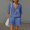thumbnail image 1 of Costeam Womens Two Piece Outfit Tie Knot V Neck Short Sleeve Top and Elastic Drawstring Waist Shorts Set Linen Blend Matching Set with Pockets, 1 of 9