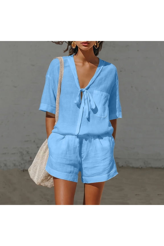 Womens Two Piece Outfit Tie Knot V Neck Short Sleeve Top and Elastic Drawstring Waist Shorts Set Linen Blend Matching Set with Pockets