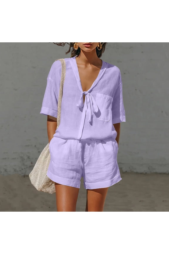 Womens Two Piece Outfit Tie Knot V Neck Short Sleeve Top and Elastic Drawstring Waist Shorts Set Linen Blend Matching Set with Pockets