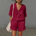 thumbnail image 1 of Costeam Womens Two Piece Outfit Tie Knot V Neck Short Sleeve Top and Elastic Drawstring Waist Shorts Set Linen Blend Matching Set with Pockets, 1 of 9