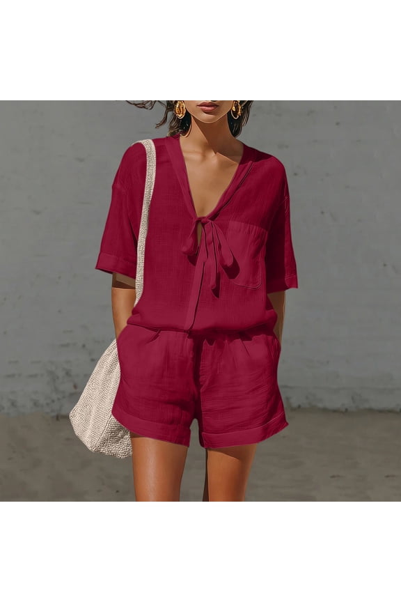 Womens Two Piece Outfit Tie Knot V Neck Short Sleeve Top and Elastic Drawstring Waist Shorts Set Linen Blend Matching Set with Pockets