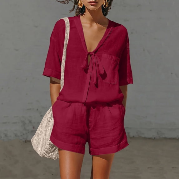 Costeam Womens Two Piece Outfit Tie Knot V Neck Short Sleeve Top and Elastic Drawstring Waist Shorts Set Linen Blend Matching Set with Pockets
