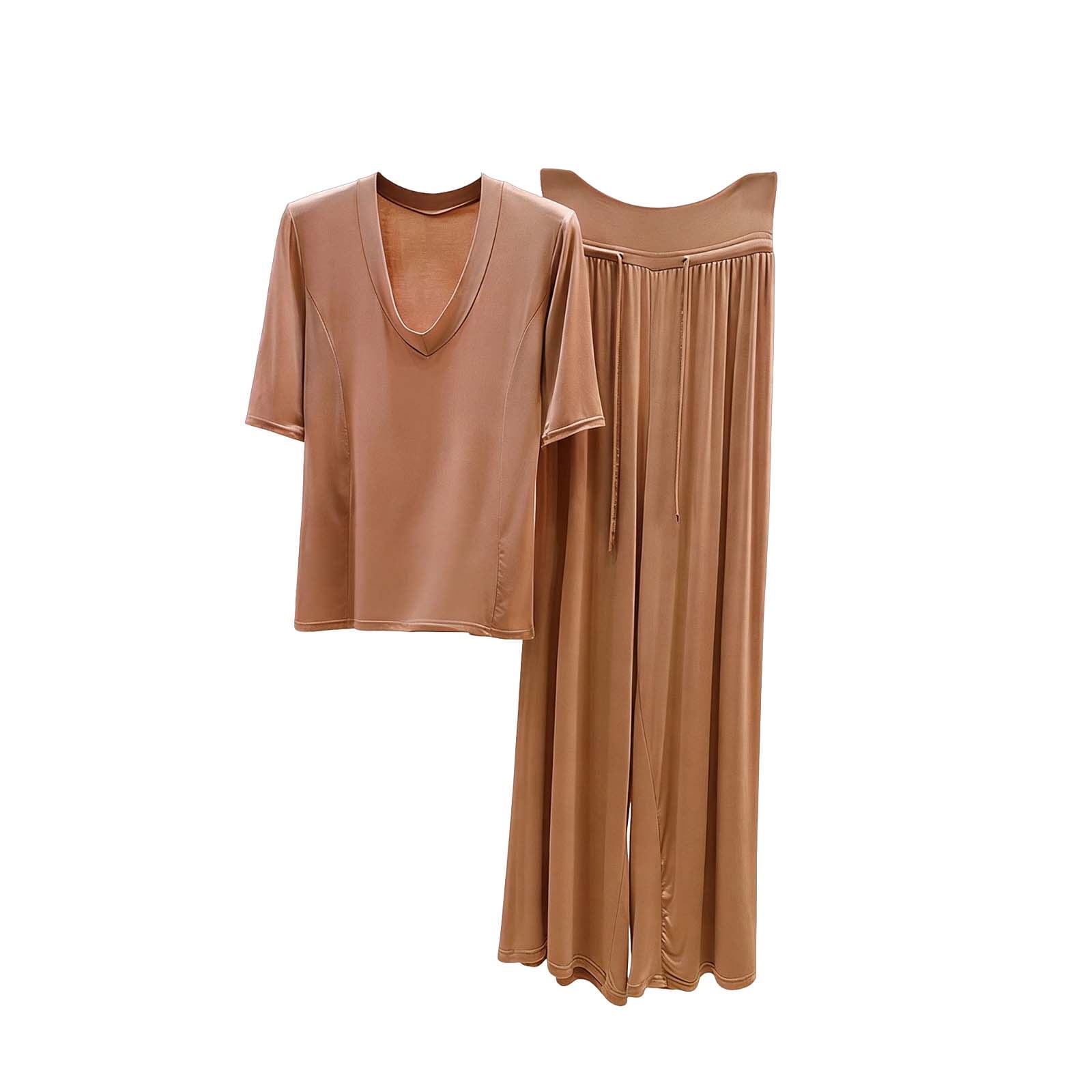 Costeam Womens V Neck Short Sleeve Long Pants Pajama Set Solid Color ...