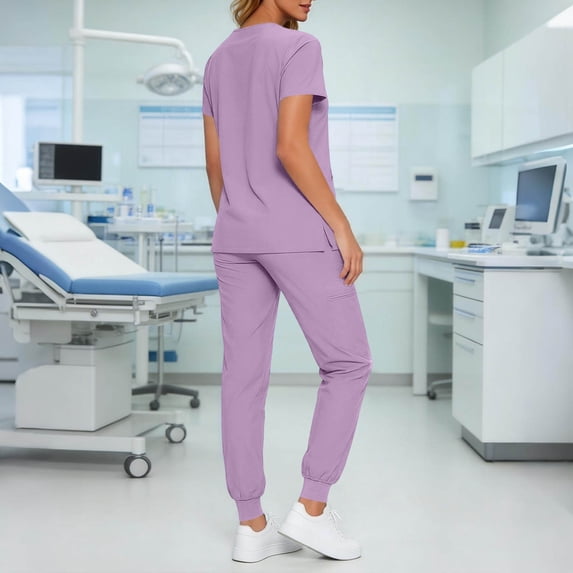 Costeam Womens V Neck Short Sleeve Scrub Sets Multi Pocket Jogger Scrub Pants Stretch Moisture Wicking Drawstring Elastic High Waist Medical Uniform Breathable Workwear Two Piece Outfit