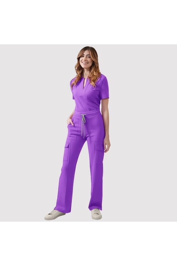 Womens V Notch Short Sleeve Scrub Top 2 Piece Cargo Scrub Pants Multi Pockets Drawstring Elastic High Waist Solid Professional Workwear Uniform Sets
