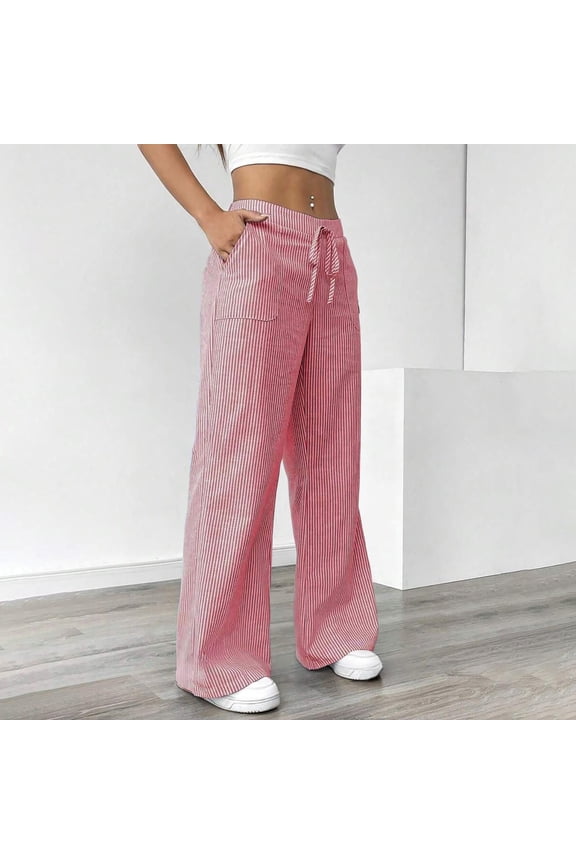 Womens Vertical Pinstripe Drawstring Wide Leg Pants Dual Front Patch Pockets Elastic High Waist Loose Full Length Linen Textured Casual Lounge Long Trousers