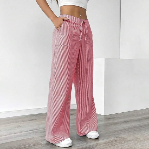 Costeam Womens Vertical Pinstripe Drawstring Wide Leg Pants Dual Front Patch Pockets Elastic High Waist Loose Full Length Linen Textured Casual Lounge Long Trousers