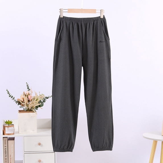Costeam Womens Vertical Ribbed Knit Jogger Pants Side Inset Pockets Pull On Elastic High Waist Cuffed Ankle Solid Color Casual Loungewear Trousers