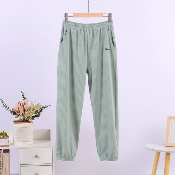 Costeam Womens Vertical Ribbed Knit Jogger Pants Side Inset Pockets Pull On Elastic High Waist Cuffed Ankle Solid Color Casual Loungewear Trousers