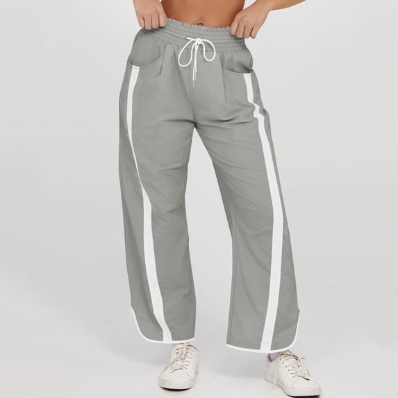 Costeam Womens Vertical Side Stripe Cropped Pants Side Inset Pockets Drawstring Elastic High Waist Irregular Hem Wide Leg Solid Color Casual Streetwear Trousers