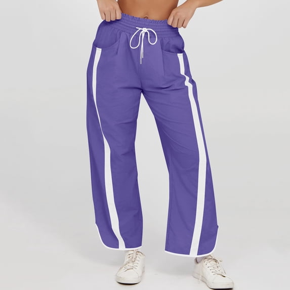 Costeam Womens Vertical Side Stripe Cropped Pants Side Inset Pockets Drawstring Elastic High Waist Irregular Hem Wide Leg Solid Color Casual Streetwear Trousers