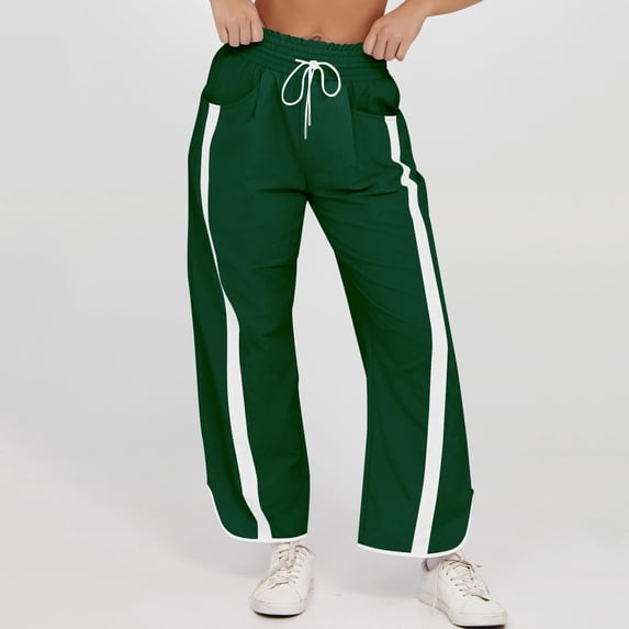 Costeam Womens Vertical Side Stripe Cropped Pants Side Inset Pockets Drawstring Elastic High Waist Irregular Hem Wide Leg Solid Color Casual Streetwear Trousers
