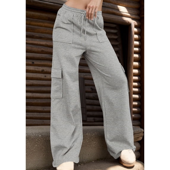 Costeam Womens Vertical Stitch Cargo Wide Leg Sweatpants Elastic Drawstring Waist Side Patch Cargo Pockets Soft Heather Knit Loose Straight Solid Color Casual Athletic Lounge Trousers