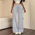 thumbnail image 1 of Costeam Womens Vertical Stitch Cargo Wide Leg Sweatpants Elastic Drawstring Waist Side Patch Cargo Pockets Soft Heather Knit Loose Straight Solid Color Casual Athletic Lounge Trousers, 1 of 6