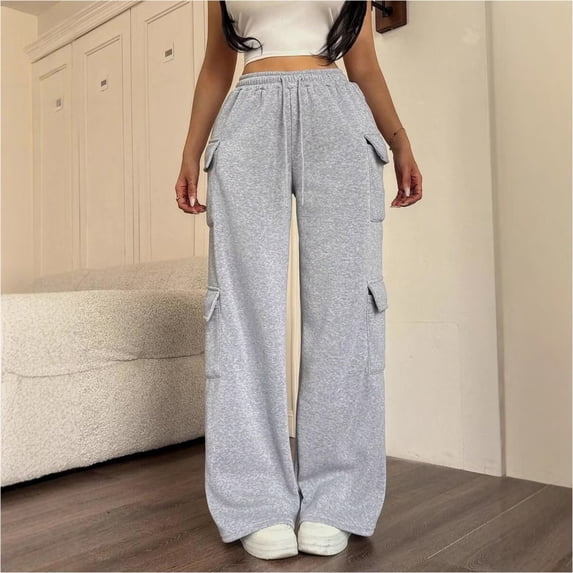 Costeam Womens Vertical Stitch Cargo Wide Leg Sweatpants Elastic Drawstring Waist Side Patch Cargo Pockets Soft Heather Knit Loose Straight Solid Color Casual Athletic Lounge Trousers