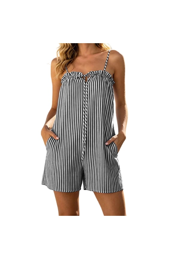 Womens Vertical Stripe Spaghetti Strap Short Romper Ruffle Neck Tie Front Detail Side Pockets Loose Fit Lightweight Breathable Casual One Piece Short Jumpsuit