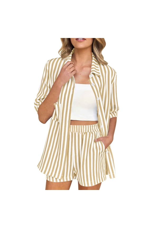 Womens Vertical Striped Button Down Short Sleeve Shirt and Elastic Waist Short Set with Side Pockets Relaxed Fit Lightweight Two Piece Tracksuit Outfit