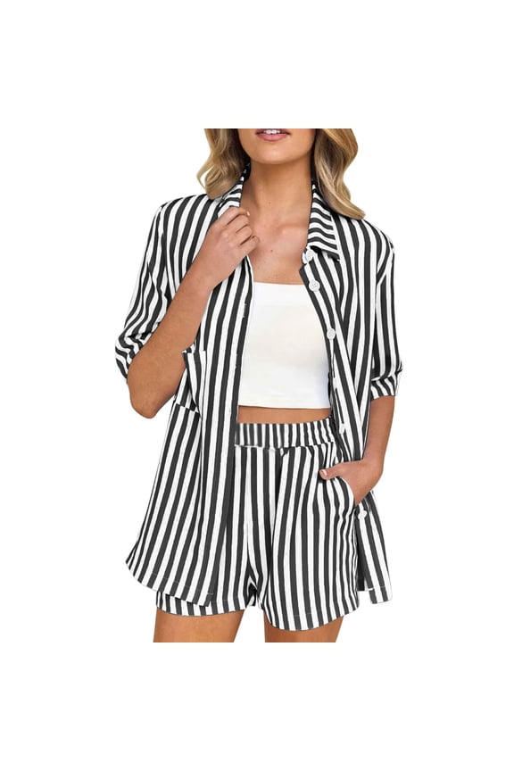 Womens Vertical Striped Button Down Short Sleeve Shirt and Elastic Waist Short Set with Side Pockets Relaxed Fit Lightweight Two Piece Tracksuit Outfit