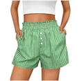 thumbnail image 1 of Costeam Womens Vertical Striped Casual Shorts Ruffled Smocked Elastic Waist Fake Front Button Detail Side Inset Pockets Lightweight Crinkle Woven Fabric Loose Fit Summer Sleep Short Bottoms, 1 of 6