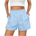 thumbnail image 1 of Costeam Womens Vertical Striped Casual Shorts Ruffled Smocked Elastic Waist Fake Front Button Detail Side Inset Pockets Lightweight Crinkle Woven Fabric Loose Fit Summer Sleep Short Bottoms, 1 of 6