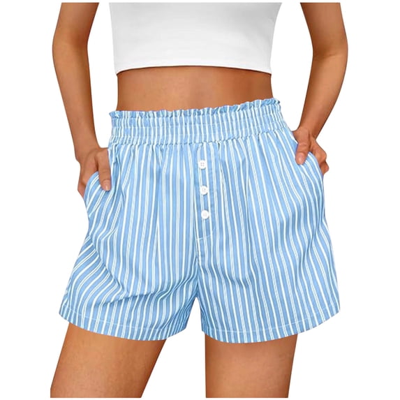Costeam Womens Vertical Striped Casual Shorts Ruffled Smocked Elastic Waist Fake Front Button Detail Side Inset Pockets Lightweight Crinkle Woven Fabric Loose Fit Summer Sleep Short Bottoms