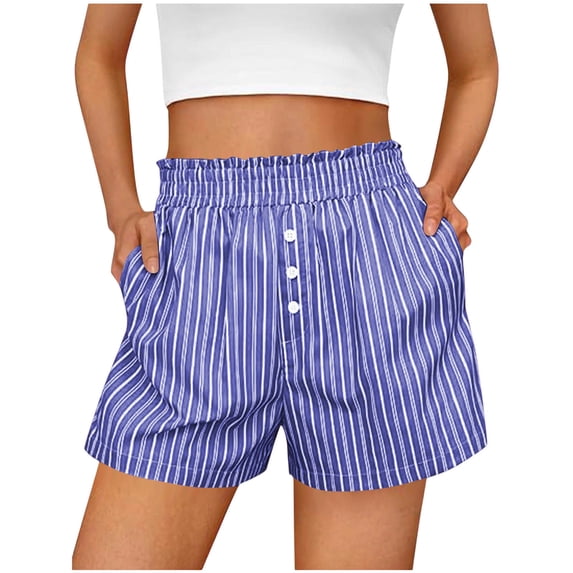 Costeam Womens Vertical Striped Casual Shorts Ruffled Smocked Elastic Waist Fake Front Button Detail Side Inset Pockets Lightweight Crinkle Woven Fabric Loose Fit Summer Sleep Short Bottoms