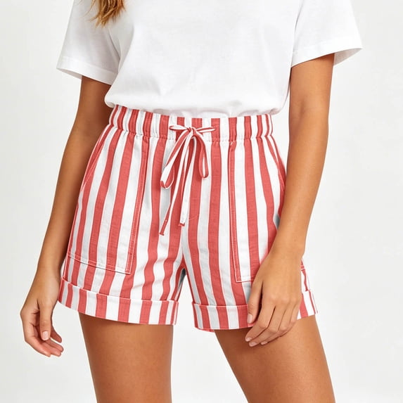 Costeam Womens Vertical Striped Casual Summer Shorts Elastic Drawstring High Waist Rolled Hem Loose Beach Short Pants with Large Patch Pockets Daily Vacation Bottom Wear