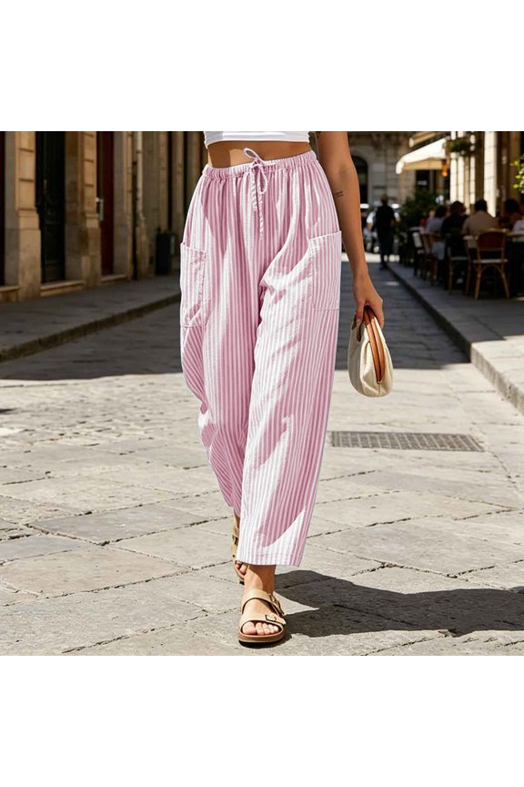 Womens Vertical Striped Cropped Pants Drawstring Elastic High Waist Big Side Patch Pockets Tapered Ankle Length Lightweight Soft Breathable Loose Relaxed Fit Casual Cropped Trousers