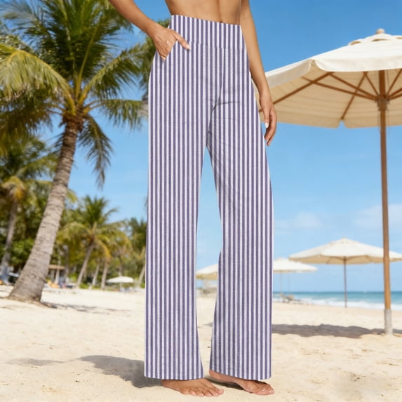Costeam Womens Vertical Striped Linen Blend Wide Leg Pants Dual Side Slip Pockets Drawstring Elastic High Waist Loose Fit Trendy Casual Full Length Trousers