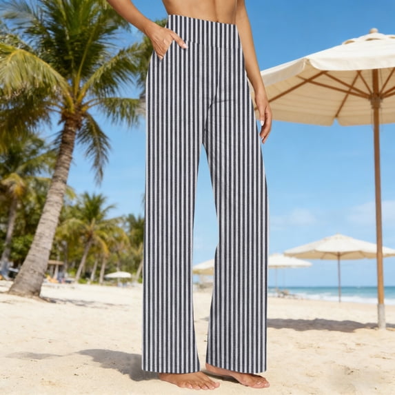 Costeam Womens Vertical Striped Linen Blend Wide Leg Pants Dual Side Slip Pockets Drawstring Elastic High Waist Loose Fit Trendy Casual Full Length Trousers