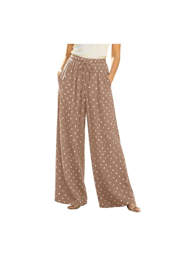 Womens Vertical Striped Polka Dot Print Wide Leg Palazzo Pants Deep Side Hand Pockets Elastic Drawstring High Waist Loose Fit Lightweight Full Length Casual Lounge Trouser Bottoms